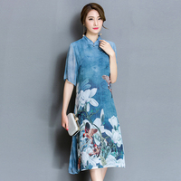 句容2017春装新品大码女装立领五分袖桑蚕丝印花真丝连衣裙
