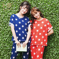 卜奈2017春夏新款星星两件套家居服日系女经典短袖圆领修身睡衣