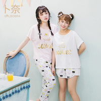卜奈2017夏季新品全棉蛋糕印花圆领配长短裤家居服日系女可爱睡衣