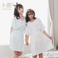 卜奈新品2017夏季袖口花边针织棉睡裙日韩女士镂空点状线条家居服