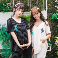 卜奈2017春夏新款V领仙人掌条纹宽松家居服日系女针织短袖睡衣