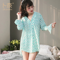 卜奈新品2017春夏方领开衫海马印花睡裙日系女全棉休闲睡衣配口袋