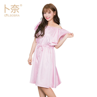 卜奈新品2017夏季梭织丝绸睡裙家居服日系女系带修身宽松领口睡衣