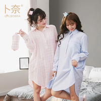卜奈新品春夏全棉方领配口袋睡裙日系女条纹格子家居服