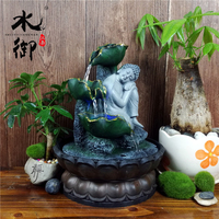 水御江南佛像流水摆件桌面水景招财中式树脂工艺品