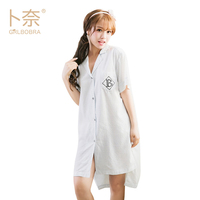 卜奈2017夏新款纯棉格子衬衫睡裙日系女方领短袖梭织休闲家居服