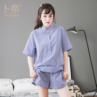 卜奈新品2017春夏格子2件套睡衣日系女衬衫短裤梭织棉口袋家居服