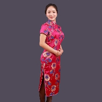 jfelvls品牌旗袍裙中长款 时尚复古开叉修身印花旗袍连衣裙女士玫红颜色