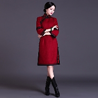 jfelvls酒红色中式旗袍手工定制相黑边女士礼服旗袍