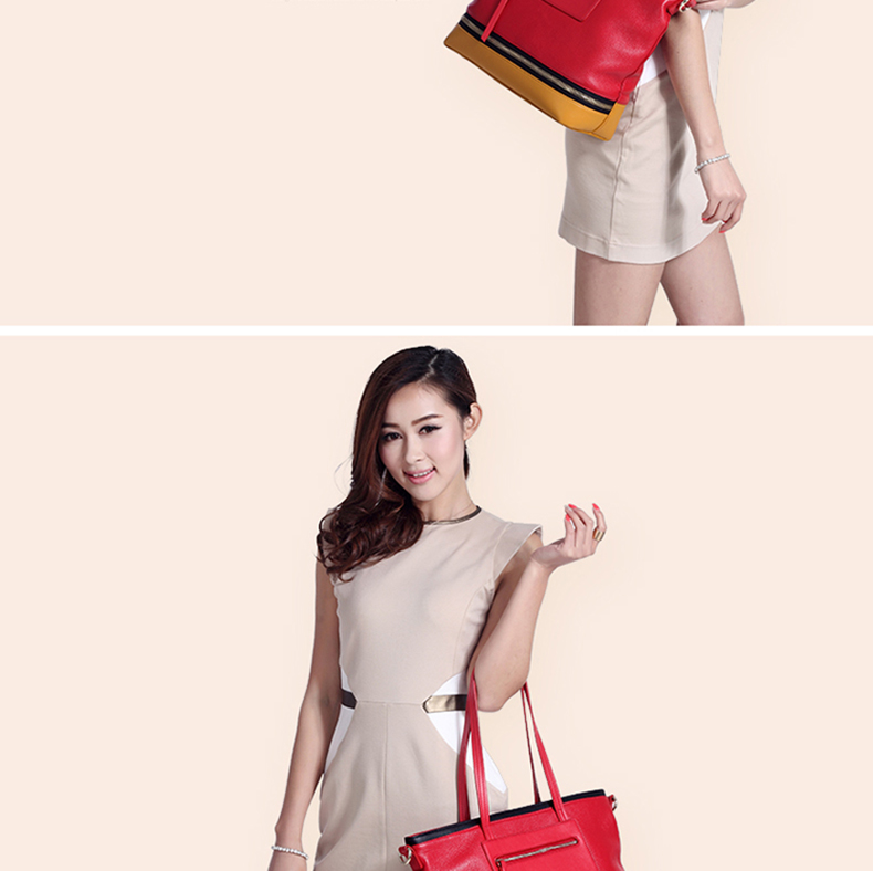 美姿妍真皮女包高档时尚拼接撞色休闲手提女包